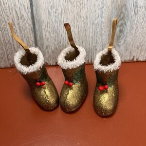 Vintage Christmas Paper Mache Gold Christmas Ornaments Boot Japan Glitter